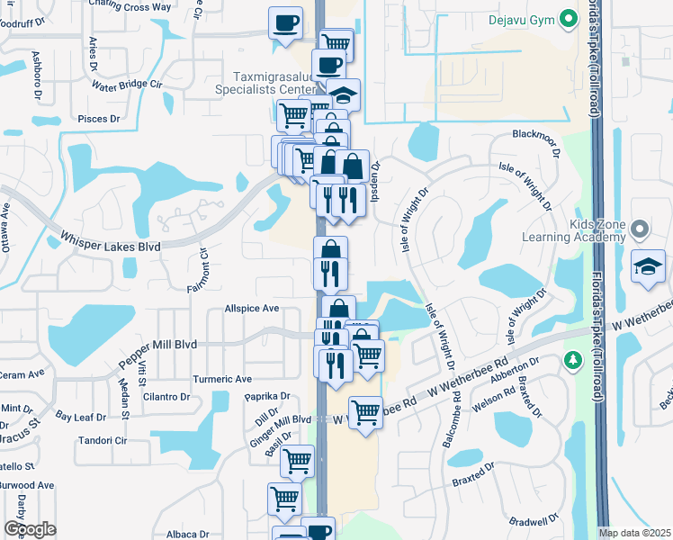 map of restaurants, bars, coffee shops, grocery stores, and more near 11837 South Orange Blossom Trail in Orlando