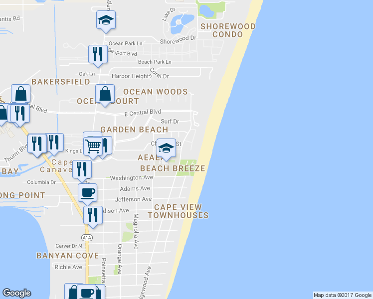 map of restaurants, bars, coffee shops, grocery stores, and more near 8494 Ridgewood Avenue in Cape Canaveral