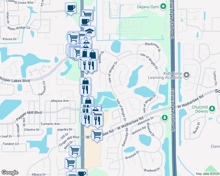 map of restaurants, bars, coffee shops, grocery stores, and more near 11867 Shotgate Court in Orlando