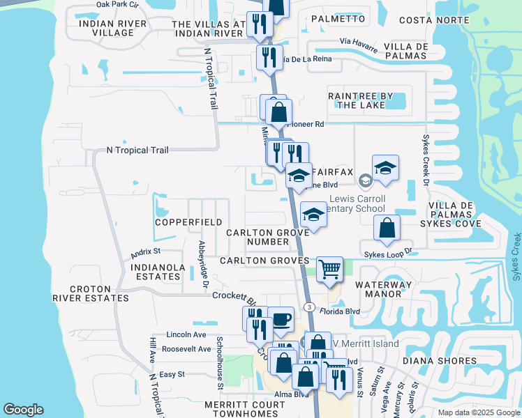 map of restaurants, bars, coffee shops, grocery stores, and more near 260 Juniper Avenue in Merritt Island