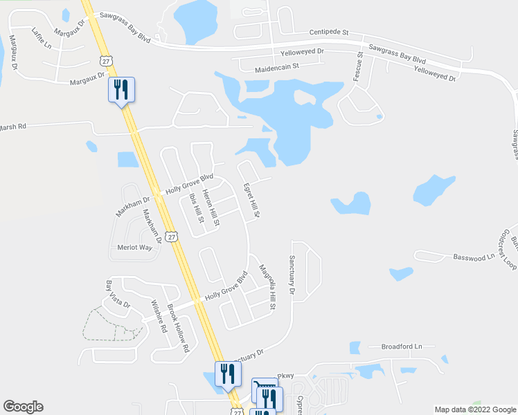 map of restaurants, bars, coffee shops, grocery stores, and more near 16150 Egret Hill Street in Clermont