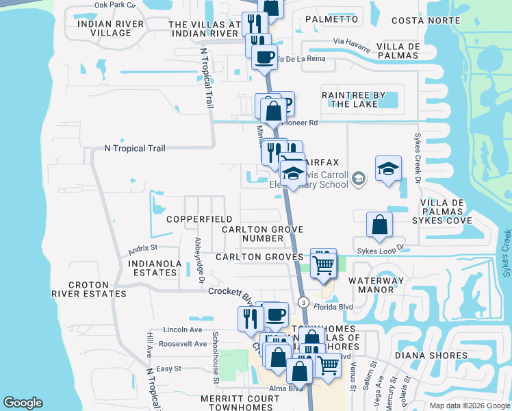 map of restaurants, bars, coffee shops, grocery stores, and more near 260 Juniper Avenue in Merritt Island