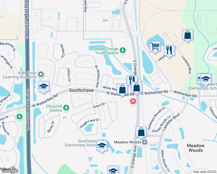 map of restaurants, bars, coffee shops, grocery stores, and more near 11955 Cheltinham Drive in Orlando