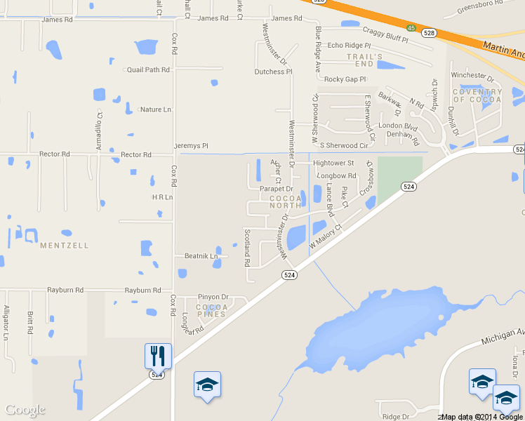 map of restaurants, bars, coffee shops, grocery stores, and more near 3828 Stonemont Drive in Cocoa