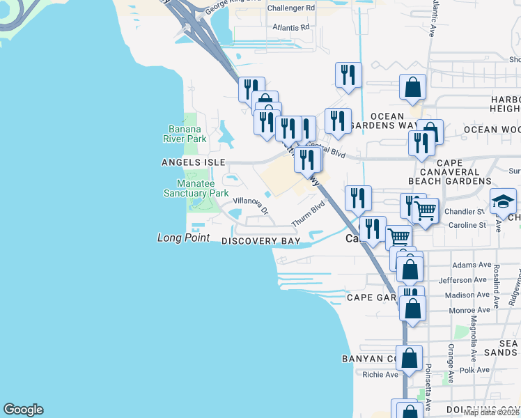 map of restaurants, bars, coffee shops, grocery stores, and more near 8630 Villanova Drive in Cape Canaveral