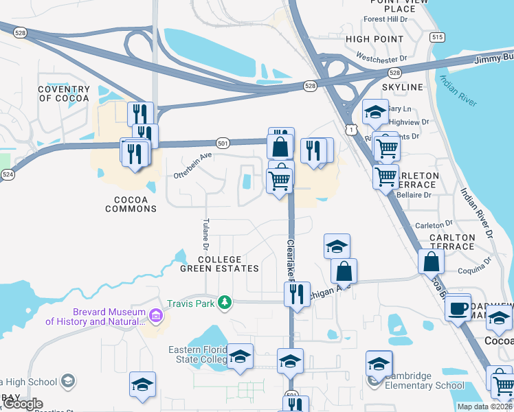 map of restaurants, bars, coffee shops, grocery stores, and more near 1902 Quail Ridge Court in Cocoa