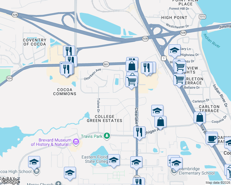 map of restaurants, bars, coffee shops, grocery stores, and more near 1925 Quail Ridge Court in Cocoa