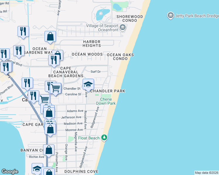 map of restaurants, bars, coffee shops, grocery stores, and more near 8496 Ridgewood Avenue in Cape Canaveral