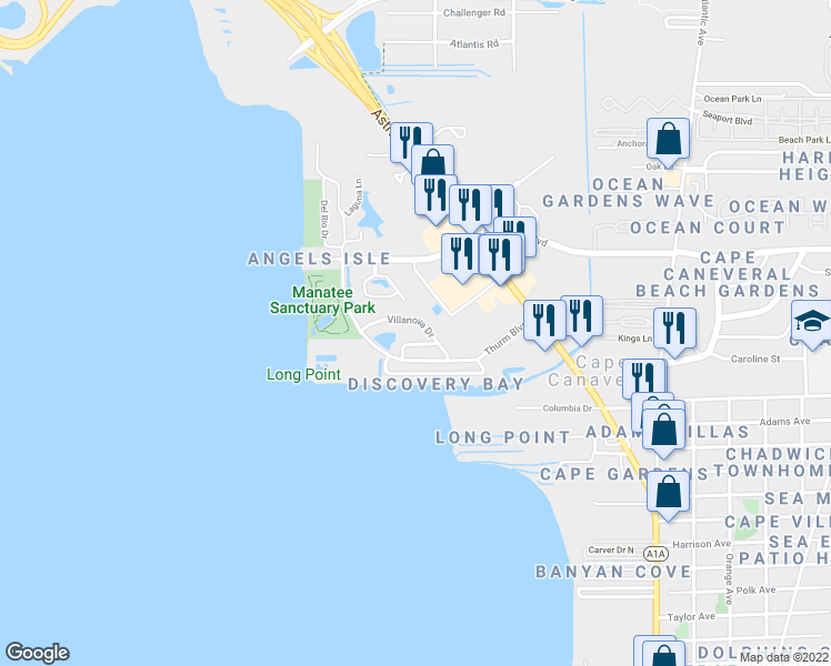 map of restaurants, bars, coffee shops, grocery stores, and more near 8605 Villa Nova Drive in Cape Canaveral
