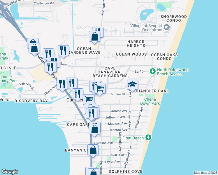 map of restaurants, bars, coffee shops, grocery stores, and more near 8545 Rosalind Avenue in Cape Canaveral
