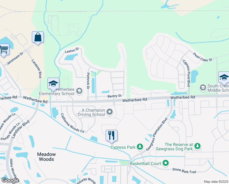 map of restaurants, bars, coffee shops, grocery stores, and more near 11400 Brindle Street in Orlando