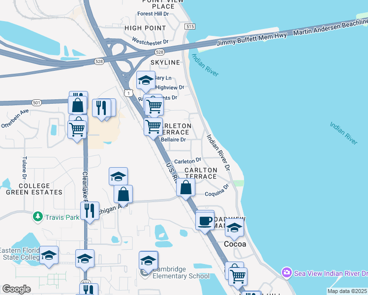 map of restaurants, bars, coffee shops, grocery stores, and more near 316 Belmont Drive in Cocoa