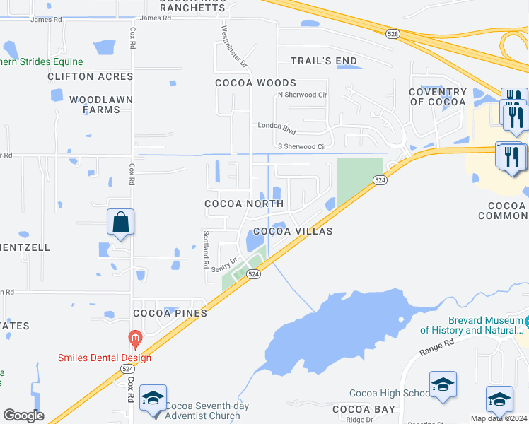 map of restaurants, bars, coffee shops, grocery stores, and more near 3726 Crossbow Drive in Cocoa
