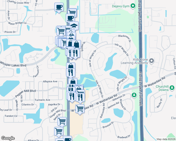 map of restaurants, bars, coffee shops, grocery stores, and more near 11867 Shotgate Court in Orlando