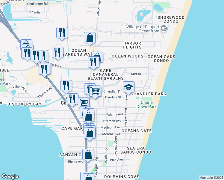 map of restaurants, bars, coffee shops, grocery stores, and more near 8545 Rosalind Avenue in Cape Canaveral