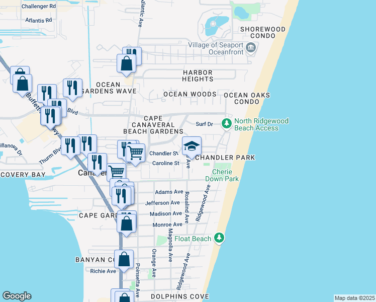 map of restaurants, bars, coffee shops, grocery stores, and more near 8440 Rosalind Avenue in Cape Canaveral