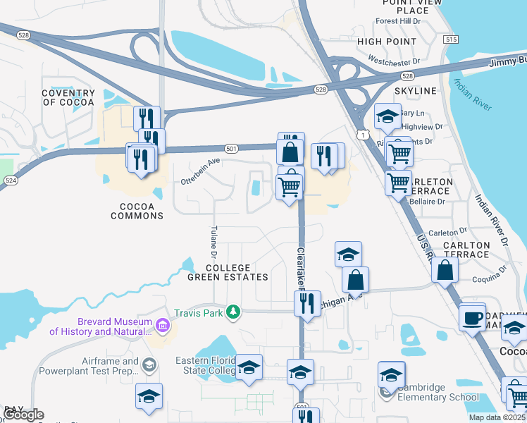 map of restaurants, bars, coffee shops, grocery stores, and more near 1902 Quail Ridge Court in Cocoa