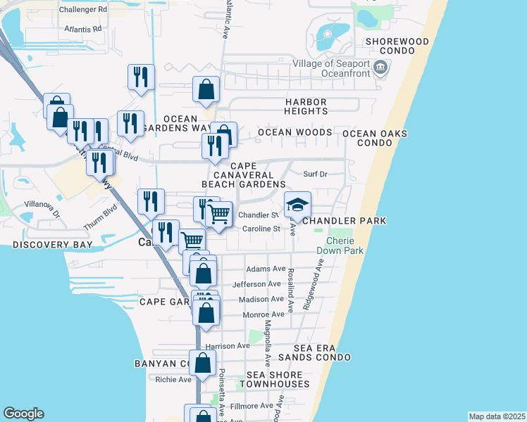 map of restaurants, bars, coffee shops, grocery stores, and more near 236 Chandler Street in Cape Canaveral
