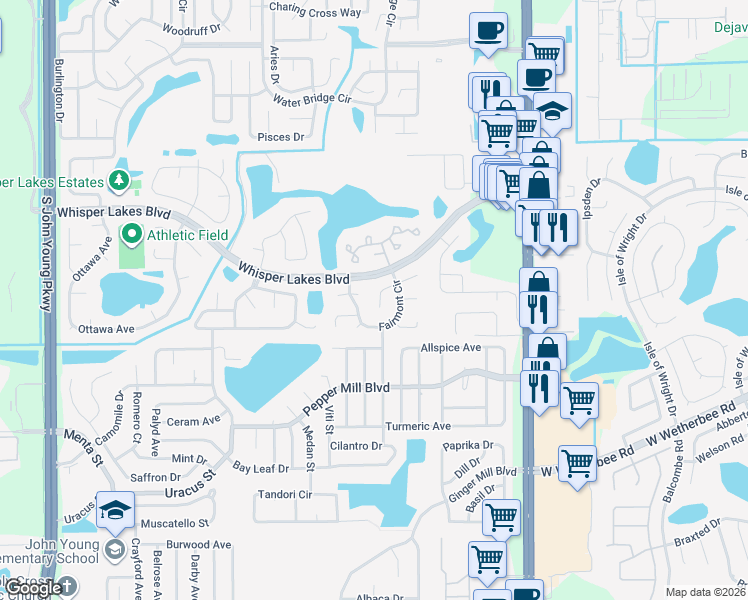 map of restaurants, bars, coffee shops, grocery stores, and more near 2131 Morrilton Court in Orlando