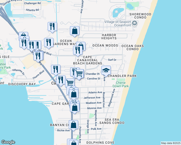 map of restaurants, bars, coffee shops, grocery stores, and more near 8545 Rosalind Avenue in Cape Canaveral