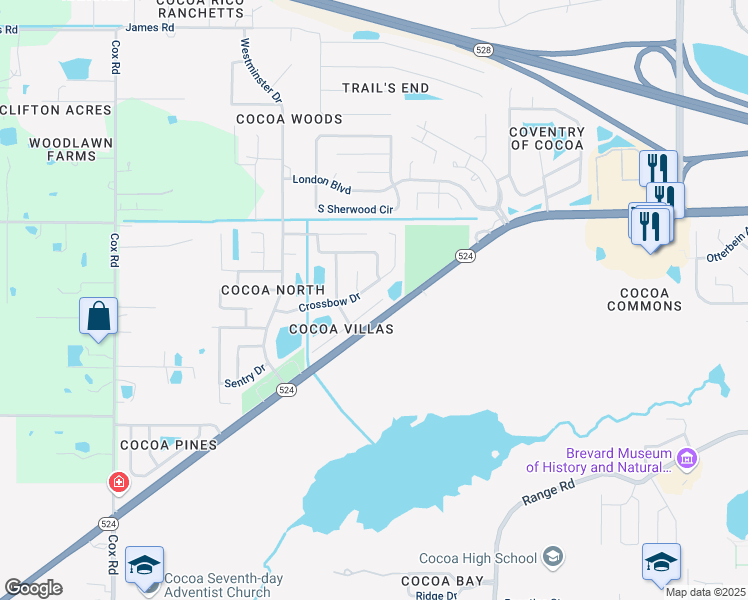 map of restaurants, bars, coffee shops, grocery stores, and more near 3602 East Malory Court in Cocoa
