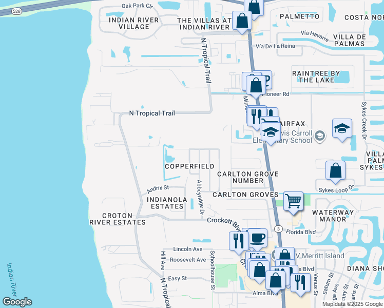 map of restaurants, bars, coffee shops, grocery stores, and more near 2187 Hedgerow Drive in Merritt Island