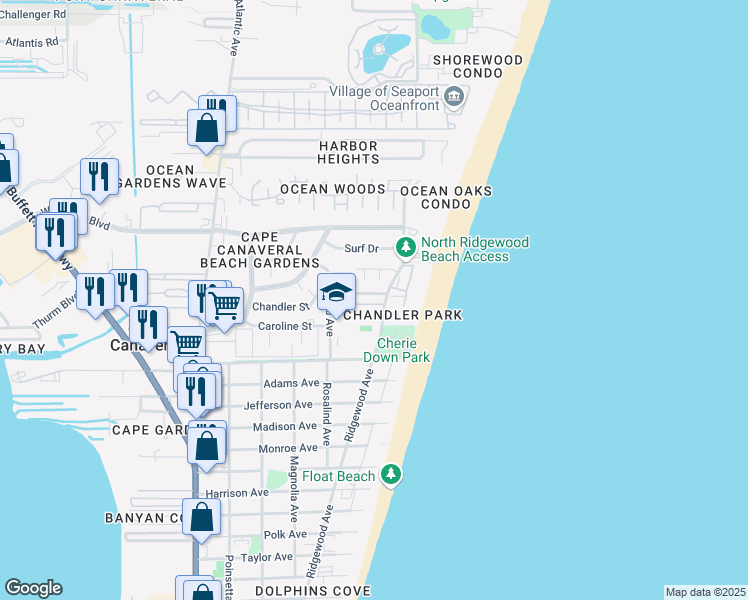 map of restaurants, bars, coffee shops, grocery stores, and more near 250 Cherie Down Lane in Cape Canaveral