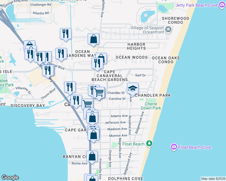 map of restaurants, bars, coffee shops, grocery stores, and more near 8545 Rosalind Avenue in Cape Canaveral