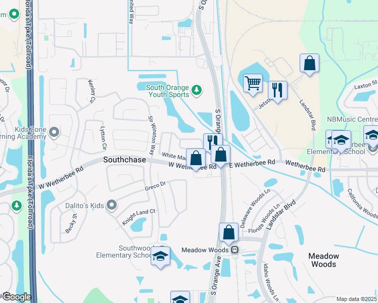 map of restaurants, bars, coffee shops, grocery stores, and more near 11942 Redbridge Drive in Orlando