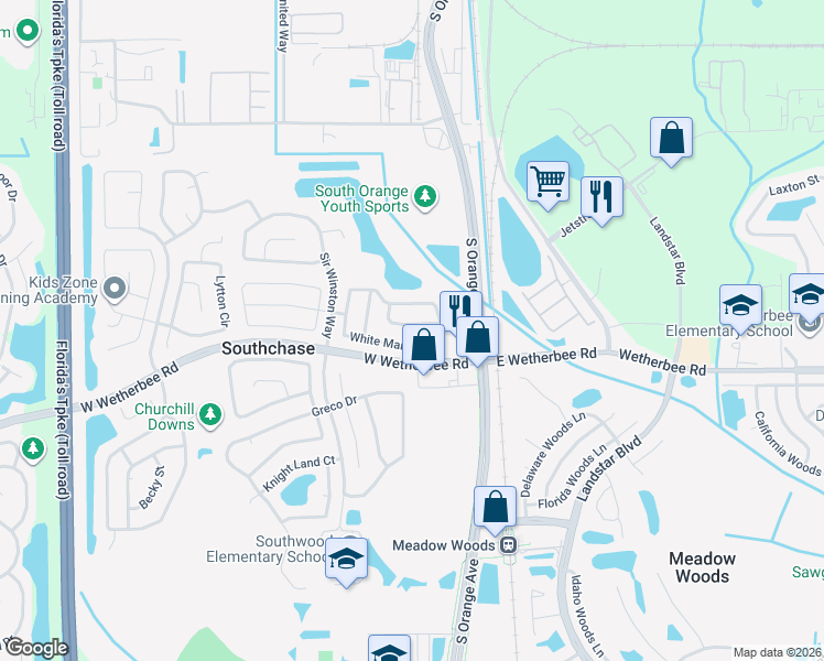 map of restaurants, bars, coffee shops, grocery stores, and more near 11946 Redbridge Drive in Orlando