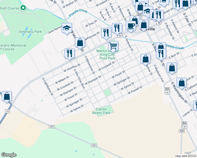 map of restaurants, bars, coffee shops, grocery stores, and more near 1111 West Stamper Street in Beeville