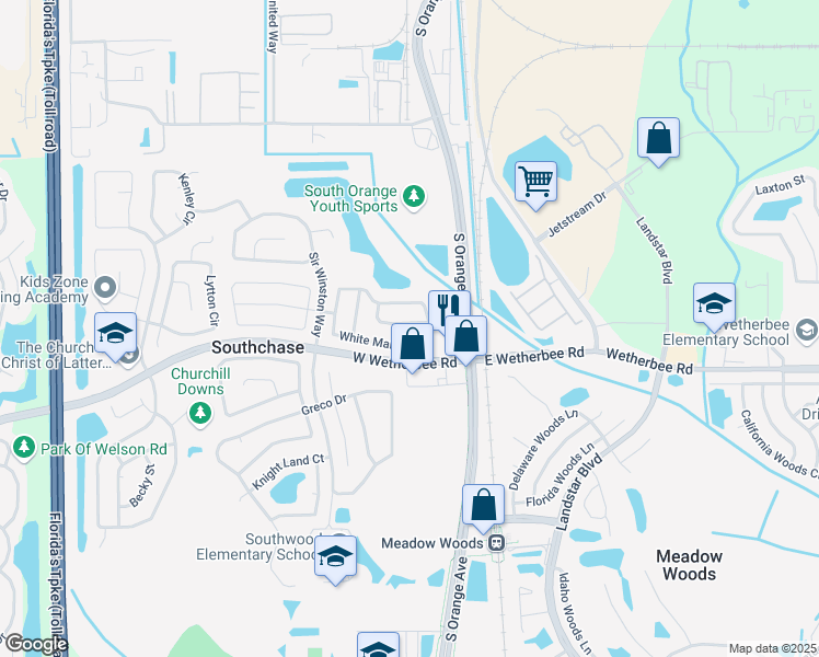 map of restaurants, bars, coffee shops, grocery stores, and more near 11954 Redbridge Drive in Orlando