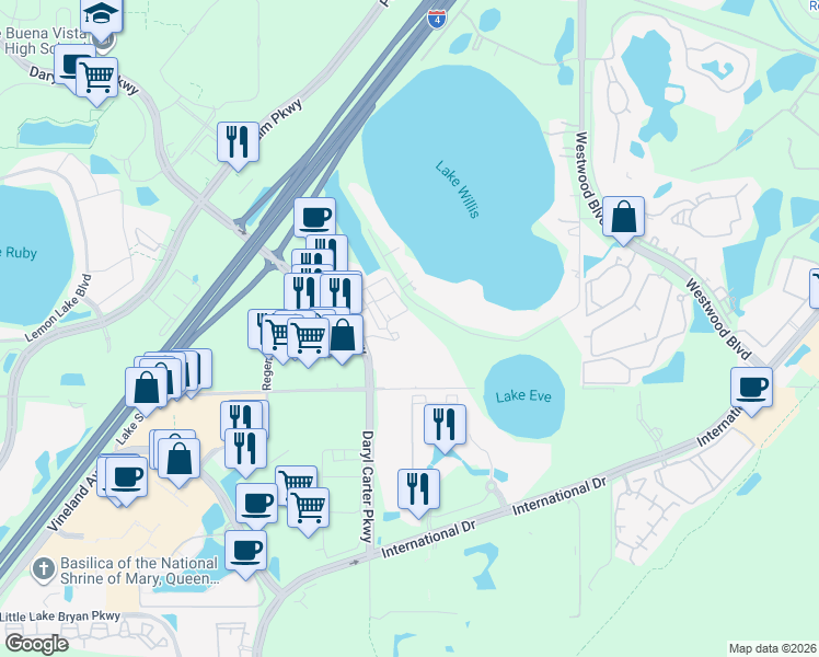 map of restaurants, bars, coffee shops, grocery stores, and more near 7241 Lake Willis Dr in Orlando