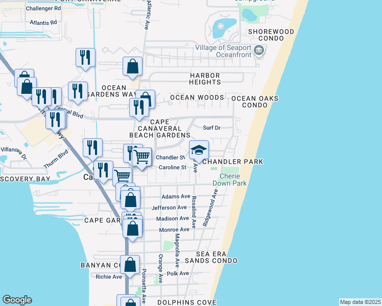 map of restaurants, bars, coffee shops, grocery stores, and more near 206 Cherie Down Lane in Cape Canaveral