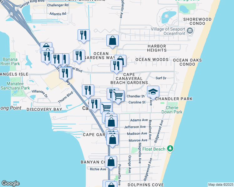 map of restaurants, bars, coffee shops, grocery stores, and more near 8200 Canaveral Boulevard in Cape Canaveral