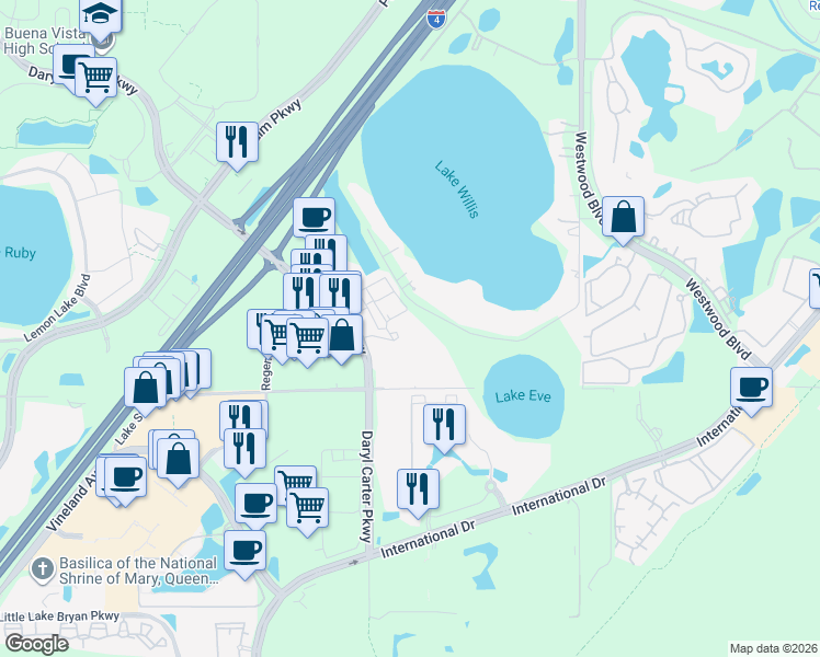 map of restaurants, bars, coffee shops, grocery stores, and more near 7241 Lake Willis Dr in Orlando