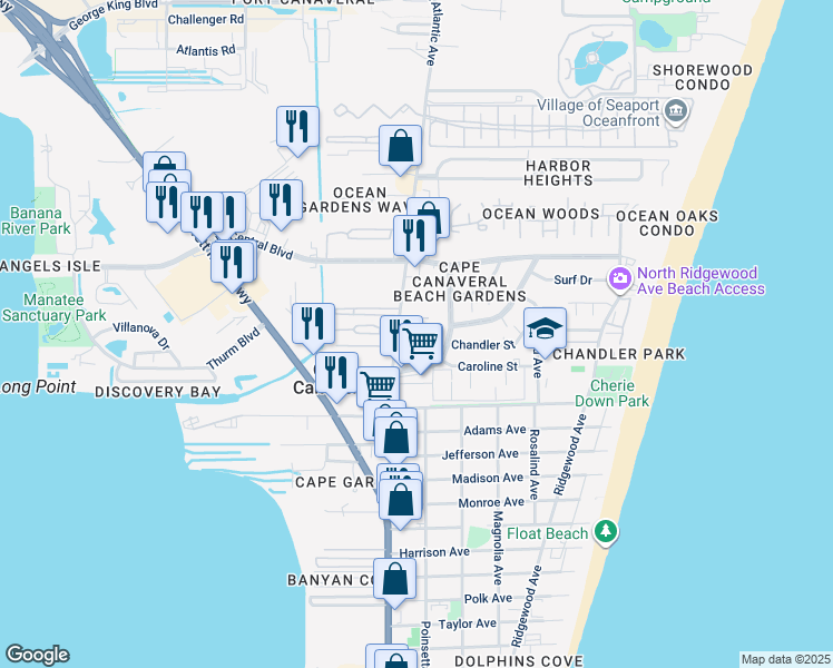 map of restaurants, bars, coffee shops, grocery stores, and more near 8200 Canaveral Boulevard in Cape Canaveral