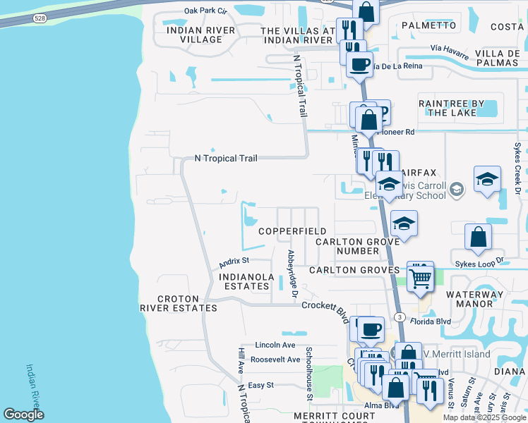 map of restaurants, bars, coffee shops, grocery stores, and more near 678 Heather Stone Drive in Merritt Island