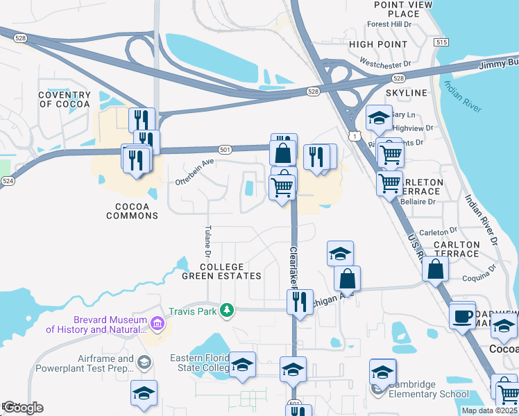 map of restaurants, bars, coffee shops, grocery stores, and more near 1902 Quail Ridge Court in Cocoa