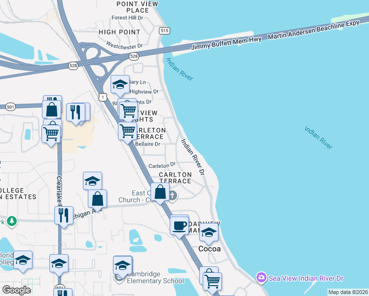 map of restaurants, bars, coffee shops, grocery stores, and more near 2514 Indian River Drive in Cocoa