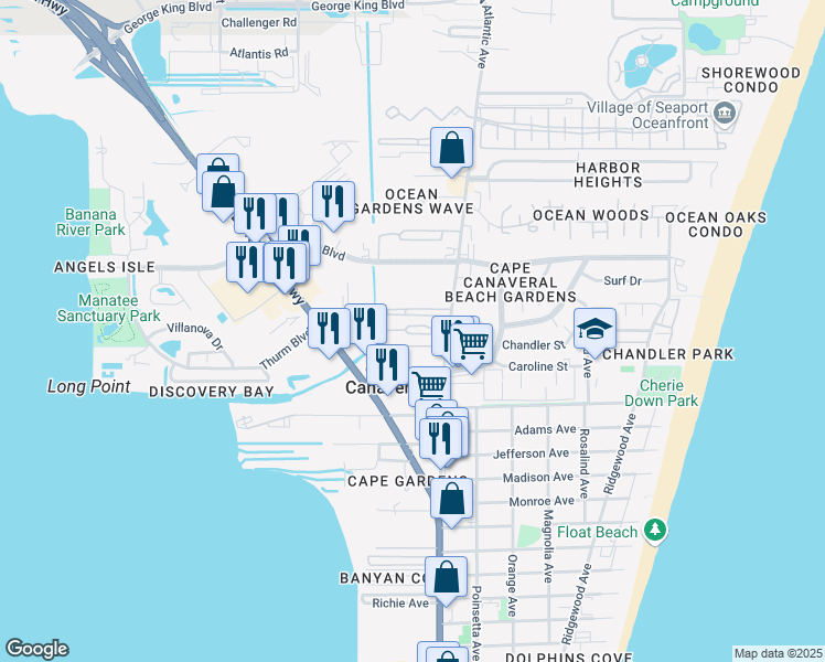 map of restaurants, bars, coffee shops, grocery stores, and more near 144 Manny Lane in Cape Canaveral