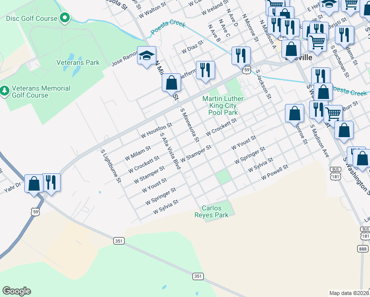 map of restaurants, bars, coffee shops, grocery stores, and more near 413 South Comitas Street in Beeville