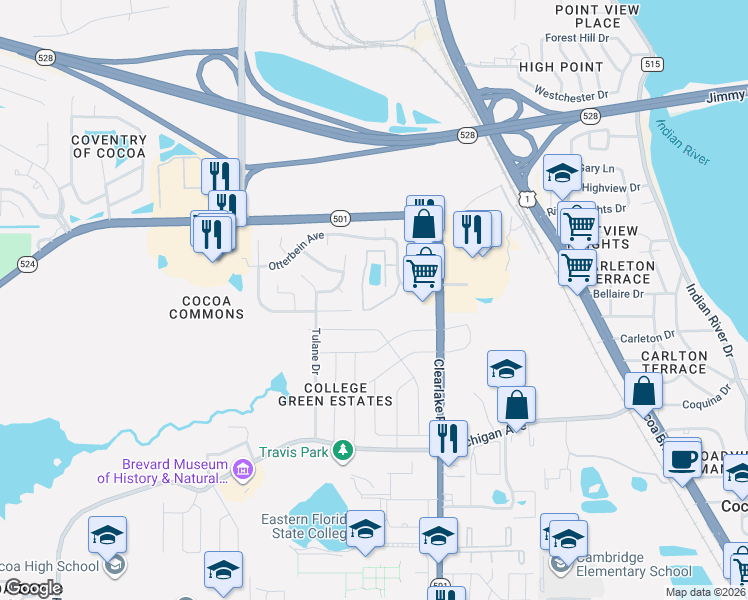 map of restaurants, bars, coffee shops, grocery stores, and more near 1925 Quail Ridge Court in Cocoa
