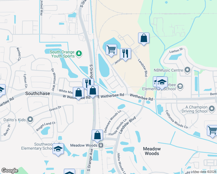 map of restaurants, bars, coffee shops, grocery stores, and more near 11899 South Orange Avenue in Orlando