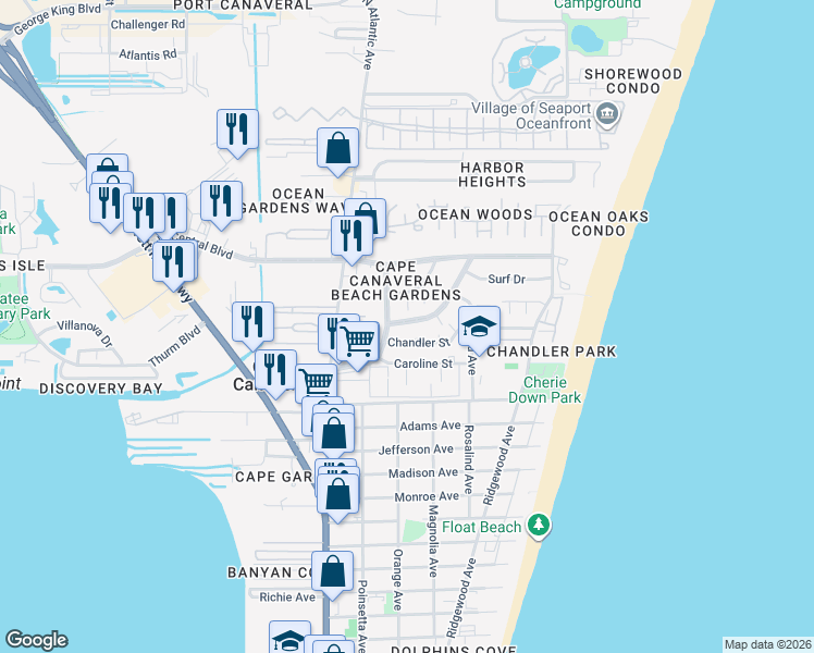 map of restaurants, bars, coffee shops, grocery stores, and more near 221 Canaveral Beach Boulevard in Cape Canaveral