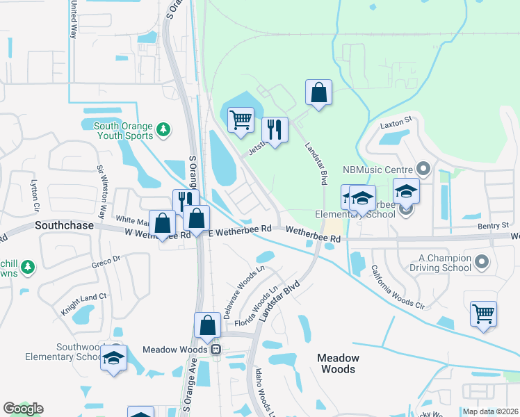 map of restaurants, bars, coffee shops, grocery stores, and more near 501 Artisan Street in Orlando