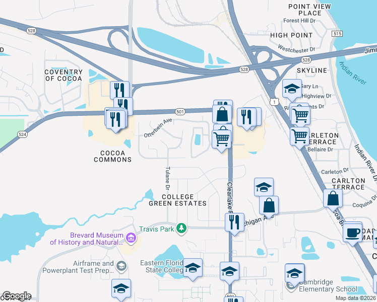 map of restaurants, bars, coffee shops, grocery stores, and more near 1925 Quail Ridge Court in Cocoa