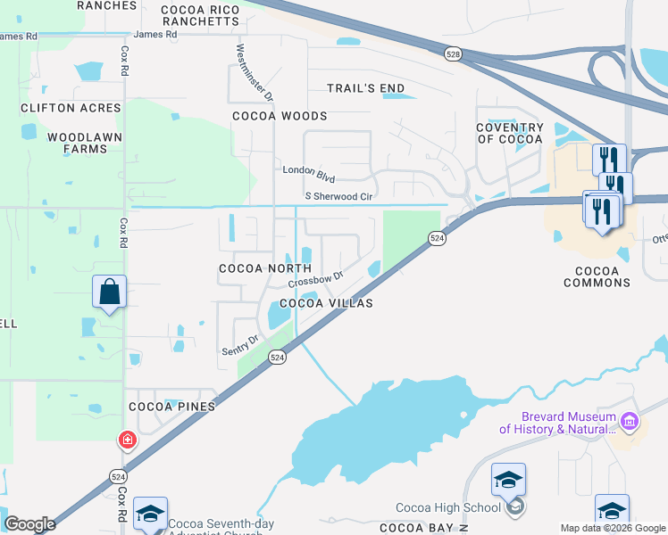 map of restaurants, bars, coffee shops, grocery stores, and more near 3703 Crossbow Drive in Cocoa