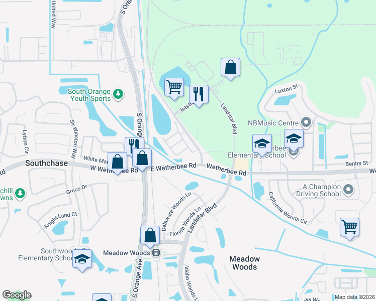 map of restaurants, bars, coffee shops, grocery stores, and more near 501 Artisan Street in Orlando