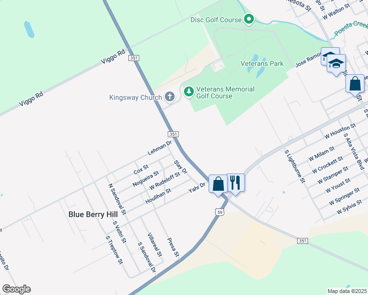 map of restaurants, bars, coffee shops, grocery stores, and more near 1654 Farm to Market Road 351 in Beeville